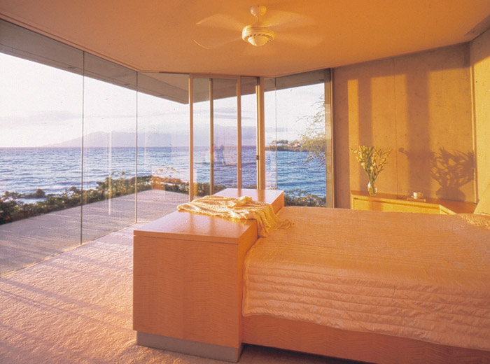 Makena House custom architecture bedroom with glass wall and view