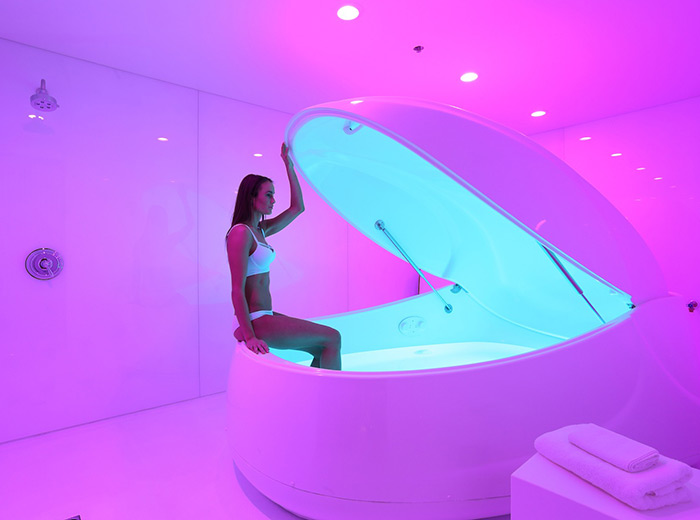 Michel Laflamme Architect contemporary commercial architecture halsa spa interior float room with purple glow